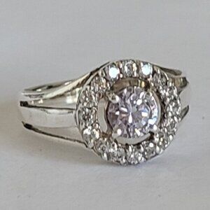 Luxury Sterling Silver Split Shank Pave Crystal Solitaire Halo Engagement Ring